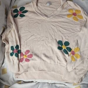 Floral V-Neck Sweater - Cream with Multicolor Y2K Print‎